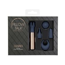 Вібромасажер Ванд золотистого кольору з 5 синіми насадками Pillow Talk Secrets Desires 6 Piece Mini Massager