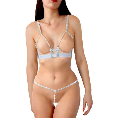 Сексуальний комплект жіночої білизни зі штучними перлами сріблястого кольору Art of Sex Sweet Angel розміри XS M