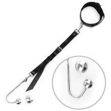Анальный крюк 4 с ошейником из натуральной кожи серебристого цвета с черным Art of Sex Anal hook