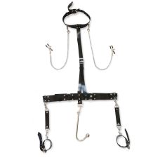Система фиксации для тела БДСМ из натуральной кожи с Зажимами для сосков и Анальным крюком серебристо черного цвета Art of Sex №1 длина крюка 160 мм
