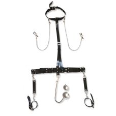 Система фиксации для тела БДСМ из натуральной кожи с Зажимами для сосков и Анальным крюком серебристо черного цвета Art of Sex №4 длина крюка 170 мм