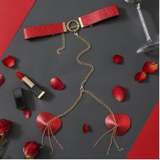 Пестіси-сердечка на соски з пензликами і чокером червоні JSY RT236114