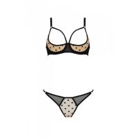 Еротичний жіночий комплект з відкритим бра бежево-чорний MARINA SET Passion, розмір L/XL