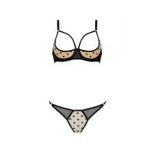 Эротический женский комплект с открытым бра бежево-черный MARINA SET Passion, размер L/XL