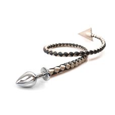 Металлическая серебристая анальная пробка с дьявольским хвостом из искусственной кожи Art of Sex размер L 