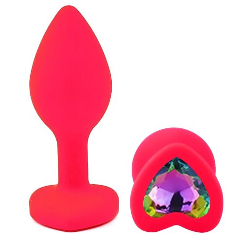 Силіконова рожева анальна пробка з райдужним кристалом у формі серця EGZO Silicone Heart Plug розмір S