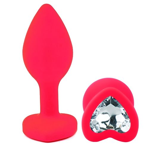 Силіконова рожева анальна пробка із прозорим кристалом у формі серця EGZO Silicone Heart Plug розмір S