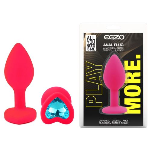 Силіконова рожева анальна пробка з блакитним кристалом у формі серця EGZO Silicone Heart Plug розмір S