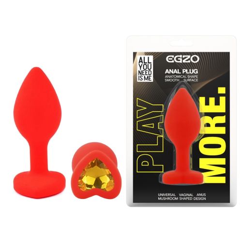 Силиконовая красная анальная пробка с золотистым кристаллом в форме сердца EGZO Silicone Heart Plug размер S