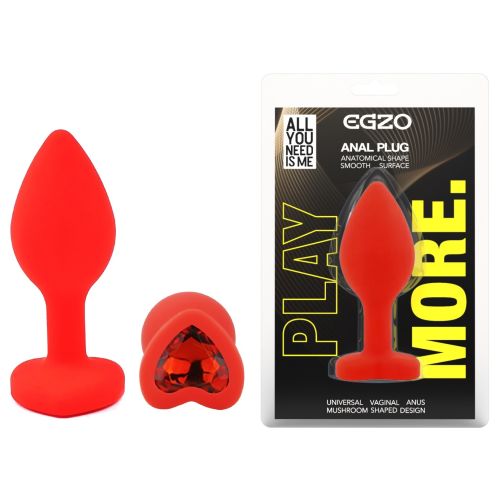 Силиконовая красная анальная пробка с красным кристаллом в форме сердца EGZO Silicone Heart Plug размер S