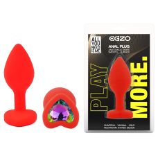 Силіконова червона анальна пробка з райдужним кристалом у формі серця EGZO Silicone Heart Plug розмір S