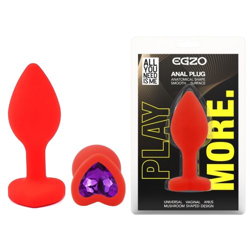 Силиконовая красная анальная пробка с фиолетовым кристаллом в форме сердца EGZO Silicone Heart Plug размер S