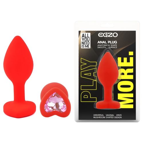 Силиконовая красная анальная пробка с розовым кристаллом в форме сердца EGZO Silicone Heart Plug размер S