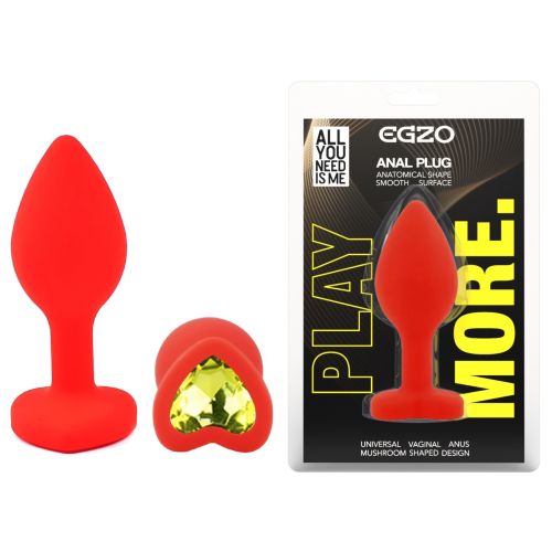 Силиконовая красная анальная пробка с салатовым кристаллом в форме сердца EGZO Silicone Heart Plug размер S