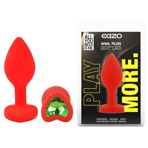 Силиконовая красная анальная пробка с зеленым кристаллом в форме сердца EGZO Silicone Heart Plug размер S