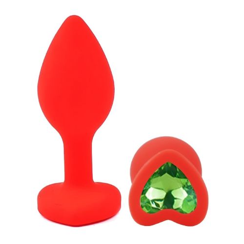 Силиконовая красная анальная пробка с зеленым кристаллом в форме сердца EGZO Silicone Heart Plug размер S