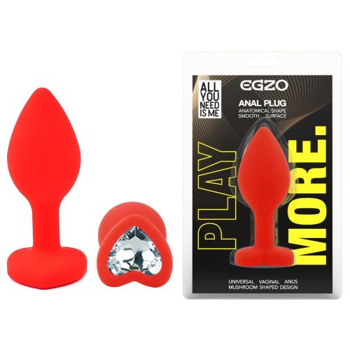 Силиконовая красная анальная пробка с прозрачным кристаллом в форме сердца EGZO Silicone Heart Plug размер S