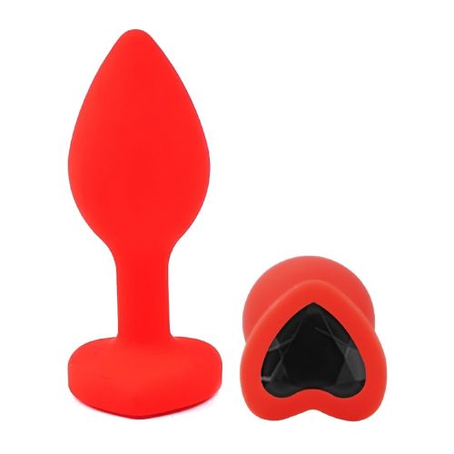 Силиконовая красная анальная пробка с черным кристаллом в форме сердца EGZO Silicone Heart Plug размер S