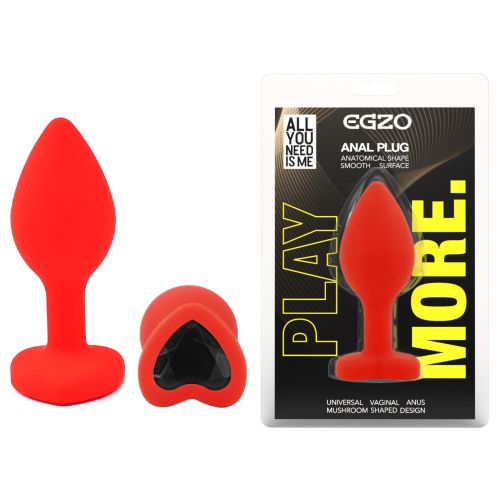 Силиконовая красная анальная пробка с черным кристаллом в форме сердца EGZO Silicone Heart Plug размер S