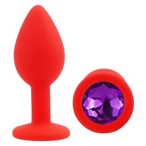 Силиконовая красная анальная пробка с фиолетовым кристаллом EGZO Silicone Round Plug размер S