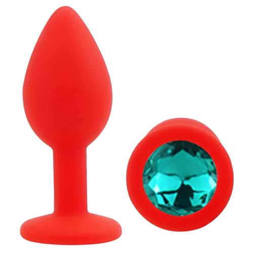 Силиконовая красная анальная пробка с бирюзовым кристаллом EGZO Silicone Round Plug размер S