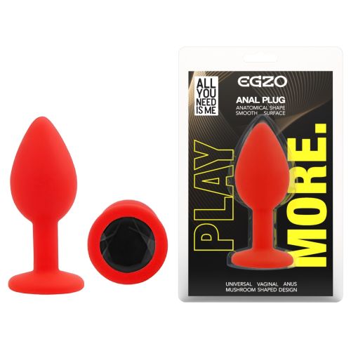 Силиконовая красная анальная пробка с черным кристаллом EGZO Silicone Round Plug размер S