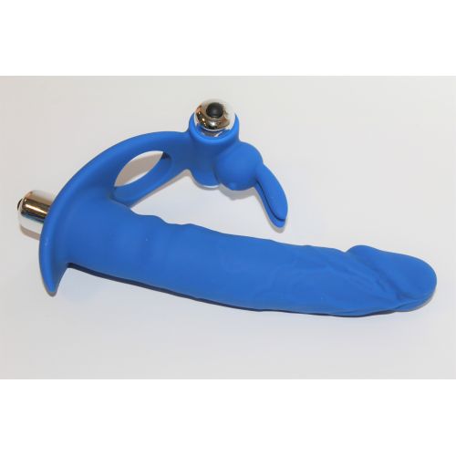 Эрекционное кольцо с клиторальным стимулятором и фаллосом для двойного проникновения Sweet Toys L 150 мм D 26 мм синий