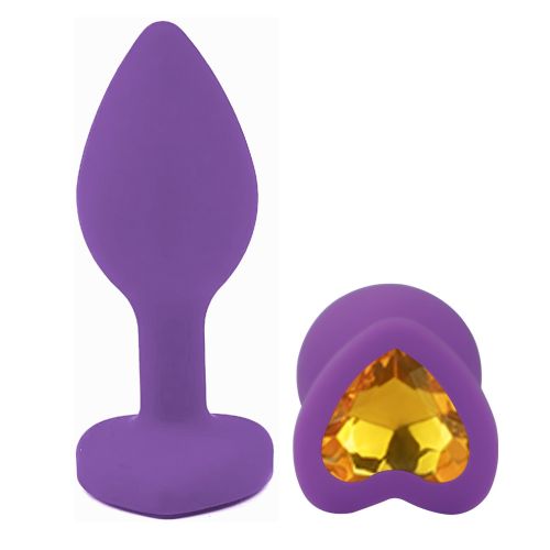 Силіконова фіолетова анальна пробка із золотистим кристалом у формі серця EGZO Silicone Heart Plug розмір S