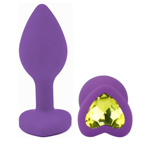 Силіконова фіолетова анальна пробка із салатовим кристалом у формі серця EGZO Silicone Heart Plug розмір S