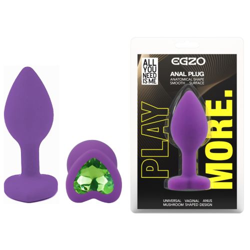 Силіконова фіолетова анальна пробка із зеленим кристалом у формі серця EGZO Silicone Heart Plug розмір S