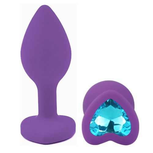 Силіконова фіолетова анальна пробка з блакитним кристалом у формі серця EGZO Silicone Heart Plug розмір S