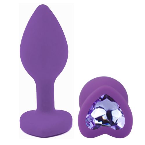 Силіконова фіолетова анальна пробка з бузковим кристалом у формі серця EGZO Silicone Heart Plug розмір S