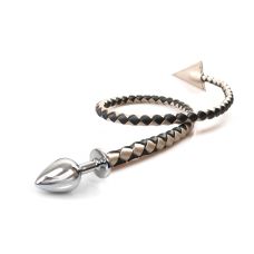 Металлическая серебристая анальная пробка с дьявольским хвостом черно золотистого цвета Art of Sex Succubus размер S