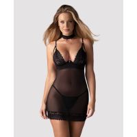 Сорочка с глубоким декольте и чокером и стрингами черного цвета Obsessive Donarella chemise &amp; thong размеры XS/S