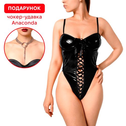 Сексуальное лакированное боди на шнуровке из винила черное Art of Sex Josephine размер S
