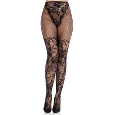 Колготки з сітчастим оздобленням на стегнах чорного кольору Leg Avenue Dahlia Lace розмір One Size