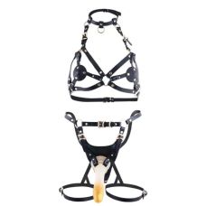 Портупея на все тело черного цвета страпоном золотистого цвета Lockink Sevanda Queen Sheba Set with Dildo