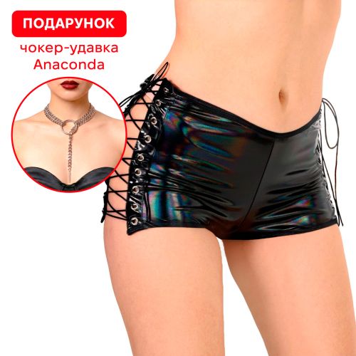 Лаковані шортики на чорні шнурівці з ефектом голограми Art of Sex Kylie розмір XS-M