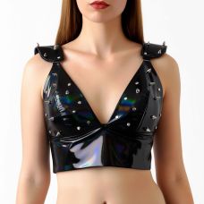 Лакированный виниловый топ с шипами с эффектом голограммы черный Art of Sex Mistress размер M