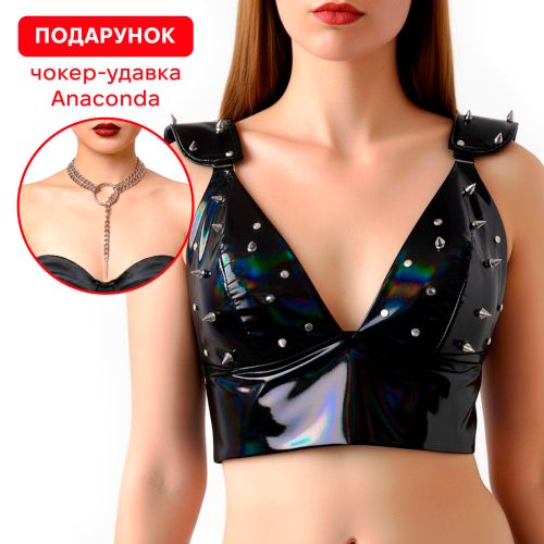Лакований вініловий топ із шипами з ефектом голограми чорний Art of Sex Mistress розмір S