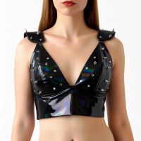 Лакированный виниловый топ с шипами с эффектом голограммы черный Art of Sex Mistress размер L