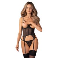 Корсет з відкритими грудьми чорний Obsessive Euridia corset &amp; tanga розміри M/L