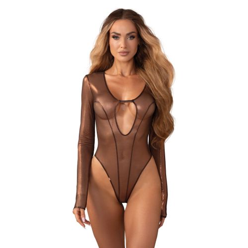 Боді з еротичними вирізами золотисте Obsessive Soranna long-sleeved teddy розміри S/M