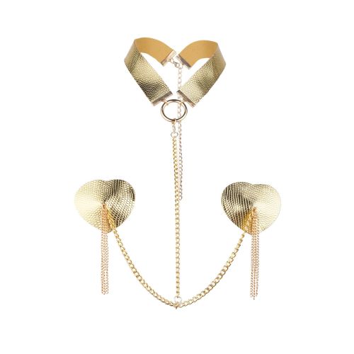 Пестис-сердечки с кисточками и чокером золотистые JSY Nipple Sticker модель RT236114 