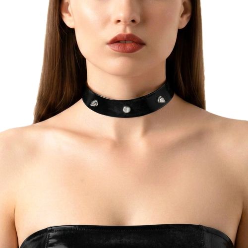 Чокер із шипами вініловий колір чорний з ефектом мокрого оксамиту Art of Sex Mistress розмір S
