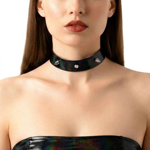 Лакований чокер із шипами колір чорний з ефектом голограми Art of Sex Mistress розмір L