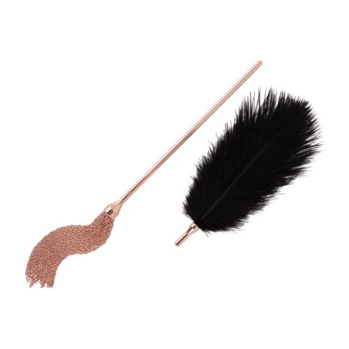 Лоскіт з металевим флоггером 2в1 чорно золотистий Rosy Gold - Feather Tickler & Whip