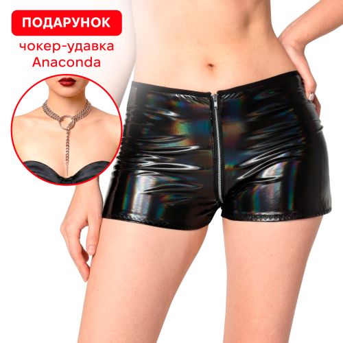 Лаковані шортики на блискавці чорний колір з ефектом голограми Art of Sex Jarina розмір S