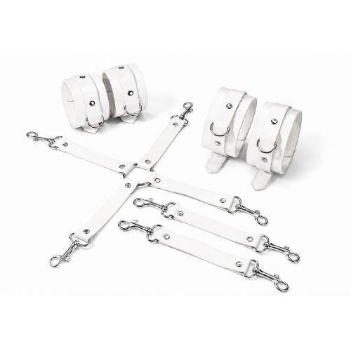 Набір для БДСМ з 3 предметів натуральна шкіра білого кольору Feral Feelings BDSM Kit 3 наручники, поножі, хрестовина
