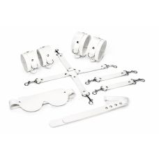 Набор для БДСМ из 5-ти предметов натуральная кожа белого цвета Feral Feelings BDSM Kit 5 наручники, поножи, крестовина, маска, паддл